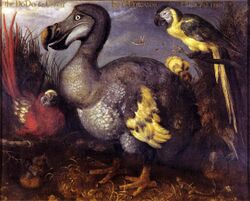 An oil painting depicting a red-feathered parrot with yellow wingtips; a large, ungainly, duck-like bird with grey, white and yellow feathers; a parrot with a black back, yellow breast, and a yellow and black tail; and a brown-feathered bird with a long bill eating a frog