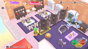 A screenshot of a 3D video game, showing a princess in a room with furniture and paintings