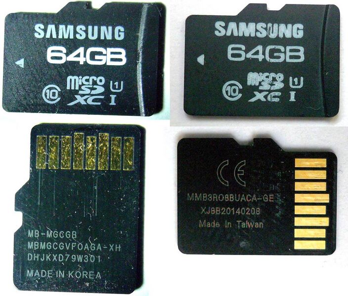 File:Samsung Pro 64gb micro-SDXC original and falsification front and back.jpg