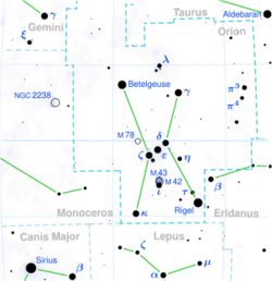 Location of δ Orionis (circled), as shown in a conventional star chart with north up