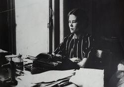 Pamela Hansford Johnson at her typewriter in the 1930s or 1940s