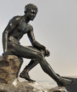 Illustration of bronze statue of a nude male youth, seated on a rock with one leg outstretched, from the 1908 volume Buried Herculaneum by Ethel Ross Barker; caption reads "Mercury in Repose"
