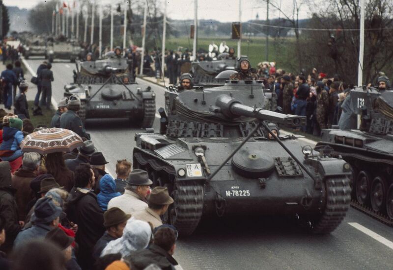 File:Swiss Army AMX-13 Light Tanks Parade Through Egerkingen, Oberbuchsiten 1981.jpg