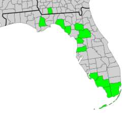 Map of Georgia and Florida with county boundaries and distribution of Symphyotrichum fontinale shaded in green: Georgia counties — Grady; Florida counties — Alachua, Citrus, Collier, Dixie, Lee, Liberty, Marion, Miami-Dade, Monroe, Pasco, and Taylor
