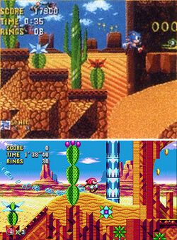 Top: a mockup image of a desert-themed level, intended for inclusion in Sonic the Hedgehog 2 (1992). Bottom: a similar level in Sonic Mania. The developers used an unused stage from Sonic 2 as inspiration for Sonic Mania.