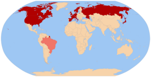 A world map highlighting Belgium, Denmark, France, Germany, Italy, Netherlands, Norway, Spain, Sweden and Switzerland in red and Brazil in pink. See adjacent text for details.