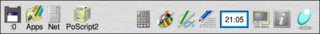 Screenshot of the icon bar under RISC OS 5 showing the following: Left portion, from left – Discs (in this case a single USB flash drive via SCSIFS), Apps folder (Resources:$.Apps), OmniClient (Network Filer), Printers, Right portion, from right – Task Manager, Help, Display Manager, Alarm, Edit, Draw, Paint, SciCalc