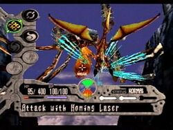 A screenshot of Edge and his dragon battling a large creature