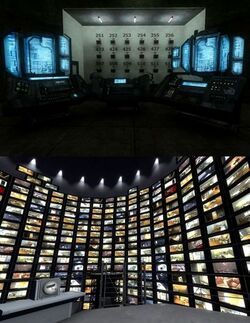 Two images stacked on top of each other. The top is a dimly lit, dark room with a few futuristic-looking computer monitors. In the background, there is a panel of square televisions with numbers above them. In the bottom image, the player is standing in a much brighter room, on a grey platform. Flat-screen televisions line the circular walls, each showing a different perspective of the office.