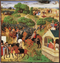 15th-century painting depicting a marching army, priests in church, and an open battlefield