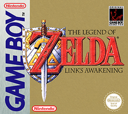 A sword stands over a shield, and goes through the letter "Z" in the title The Legend of Zelda: Link's Awakening.