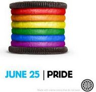 An Oreo cookie with multiple fillings in rainbow colors followed by the caption "June 25, Pride."