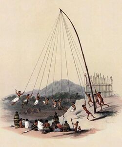 Early 19th century coloured drawing showing Māori children swinging from long ropes coming from the top of a high pole while a group of adults watches them