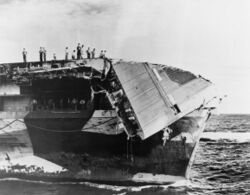 USS Hornet (CV-12) damaged flight deck 1945.jpg