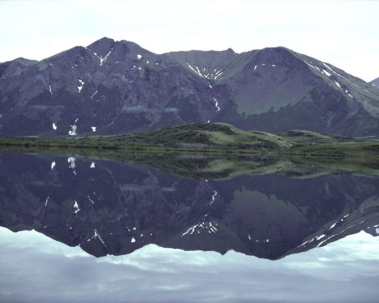 File:View of the Ahklun Mountains reflected in mirror-smooth Upper Togiak Lake.jpg