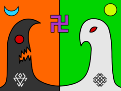 Belobog and Chernobog – falcon and monster (Levashovite colours).svg