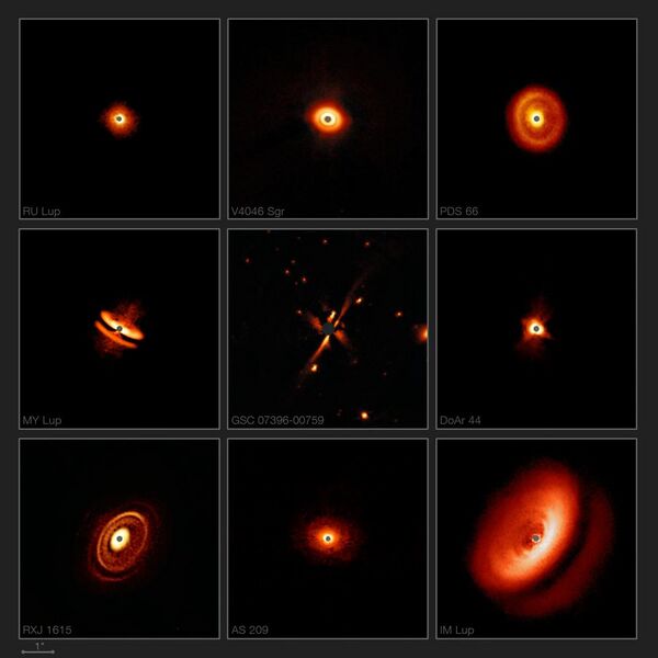 File:SPHERE images a zoo of dusty discs around young stars.jpg