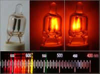 Graphic consisting of four photographs. A row of three photographs at the top all show similar glass capsules with electrodes inside. The left photograph shows the construction of the capsule under normal lighting. The middle photograph shows the capsule with one of the two electrodes glowing. The right photograph shows the capsule with both electrodes glowing. Underneath the row of photographs of the capsule is a photograph of a spectroscope's scale; the scale runs from 700 nm to 400 nm; there are numerous red, orange, and yellow colored lines in the region between 660 and 600 nm, but no lines for readings smaller than 590 nm.