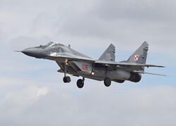 MiG-29 (code 108) of the Polish Air Force arrives Fairford 7Jul2016 arp.jpg