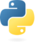 A highly abstracted symbol suggestive of the head ends of two snakes in a double helix viewed head-on, curved clockwise toward the viewer: a blue snake comes in from behind to the left, with head folding back on its body at the top, and a yellow snake comes in from behind to the right and its head folds back on its body at the bottom; the overall silhouette of the symbol forms a rough plus sign, and the eye locations are suggestive of a yin and yang.