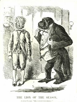 A servant in Victorian livery stands awkwardly at an open door, his mouth open and hair standing on end, as a gorilla wearing a white tie full dress tailcoat enters.