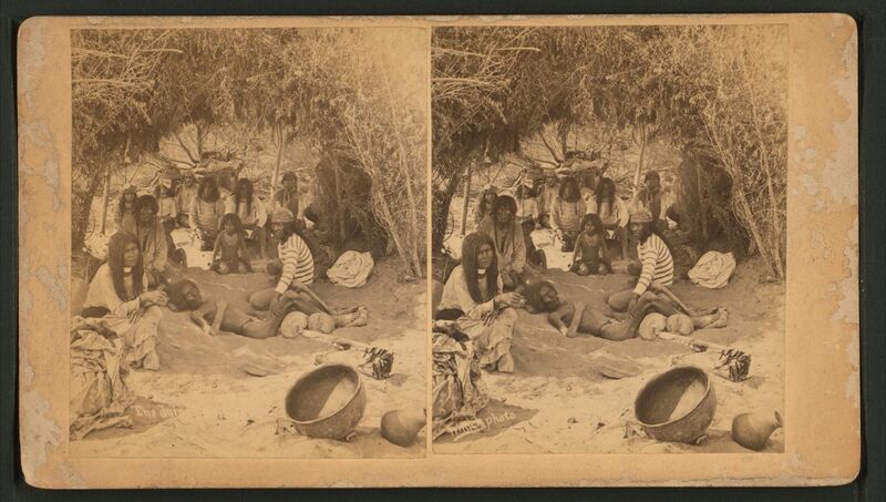 File:View of a group of Mohaves in a brush hut, one man very emaciated, entitled, by Wittick, Ben, 1845-1903.jpg