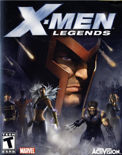 The words "X-Men Legends" are written across the top, with a textured steel design covering "X-Men". A large head with a helmet fills most of the background. Around the figure is a dark setting, with fog covering the lower portion. Standing in the fog are five people in combat stances. An ESRB "T" icon appears in the lower left, along with the Marvel logo, while an Activision logo sits in the lower right.