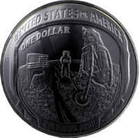 A coin with a scene from the moon landing engraved in it, as well as the words "United States", "One dollar", and the Latin phrase "E Pluribus Unum"