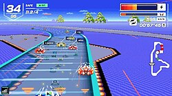 A screenshot of gameplay. The player's machine is on a transparent path above the track, and its surroundings display a vast body of water. The game's interface displays the current position and lap, energy meter, Super Boost meter, the speedometer, and time.