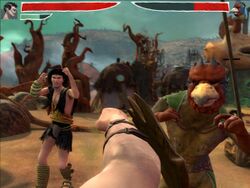 A screenshot of the game in a first-person perspective. The player is engaged in battle with several enemies in a forest.