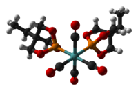 Ball-and-stick model of the bis(trimethylolpropane phosphite)molybdenum tetracarbonyl complex