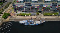 Aerial perspective of the Sea Shepherd docked at the Docklands, Feb 2019.jpg
