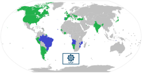 Map of CPLP member states (blue) and associate observers (green)