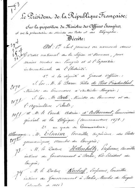 File:French Presidential Decree -Award of Legion of Honour to Helholtz, Bell and Edison -10 November 1881 Pg. 1.jpg