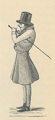 A caricature; the figure is standing facing left, with a top-hat, cane, formal attire. The caricature is overemphasizing his back, by making him appear as a hunchback.