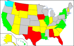 Map showing (1) California, Hawaii, Illinois, Louisiana, New Jersey, New York, North Carolina, Delaware and Virginia have implemented COVID-19 vaccine passports; (2) Alabama, Arizona, Florida, Idaho, Indiana, Iowa, Montana, North Dakota, South Carolina, South Dakota, Texas, and Wyoming have banned COVID-19 passports; (3) that Alaska, Arkansas, Georgia, Missouri, New Hampshire, Oklahoma, Tennessee, and Utah have partially banned COVID-19 vaccine passports; (4) that Washington has a significant locality that has implemented a COVID-19 passport