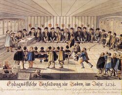 Colored drawing of men listening to speaker