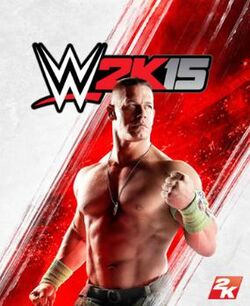 A picture of John Cena is seen on a white background with a red striped line in the middle. The game's logo appears on the top.