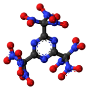 Ball-and-stick model of the 2,4,6-tris(trinitromethyl)-1,3,5-triazine molecule