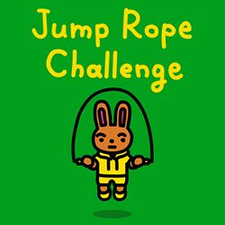 A cartoon anthropomorphic brown rabbit in yellow sports attire jumps while a skipping rope flies over its head. Above the skipping rope is a cartoon-style drawn yellow logo reading "Jump Rope Challenge". All of this is on a plain green background.