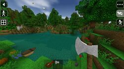 A Survivalcraft character holding an iron axe with a compass, iron axe, and bomb, standing in the shore of a lake. Two pumpkins and a boat can be seen nearby. The character is looking at the forest around the lake.