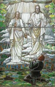 Two heavenly beings stand in the air conversing with the young Smith