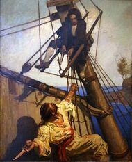 A young man seated on the cross trees of a pirate ship presses against its mast while pointing pistols at an approaching assailant, who brandishes a dagger behind his back.