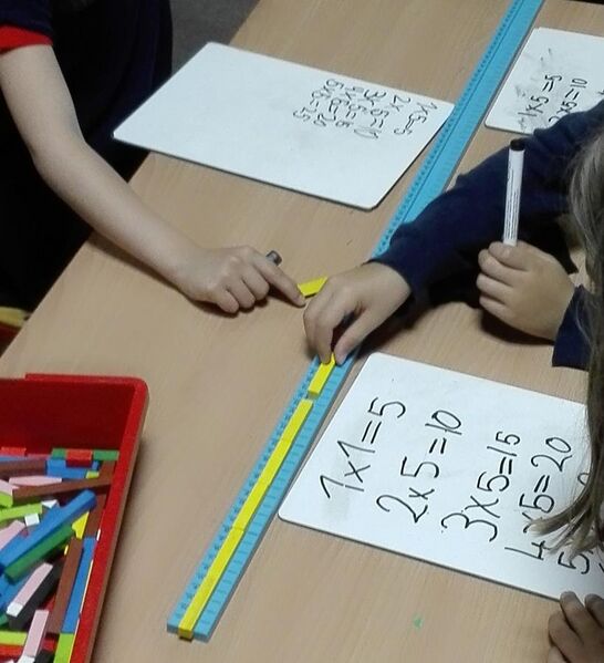 File:Six year olds in class using a Cuisenaire track to explore multiplication.jpg