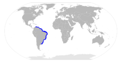 World map with blue shading along the eastern coast of South America from Venezuela to Uruguay