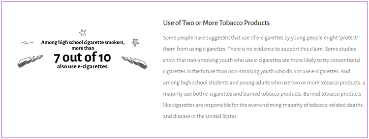 Graphic from the 2019 US Surgeon General's report entitled Use of Two or More Tobacco Products. The accompanied text states, "Some people have suggested that use of e-cigarettes by young people might "protect" them from using cigarettes. There is no evidence to support this claim. Some studies show that non-smoking youth who use e-cigarettes are more likely to try conventional cigarettes in the future than non-smoking youth who do not use e-cigarettes. And among high school students and young adults who use two or more tobacco products, a majority use both e-cigarettes and burned tobacco products. Burned tobacco products like cigarettes are responsible for the overwhelming majority of tobacco-related deaths and disease in the United States."