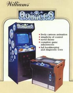 A tan, vertical rectangular poster. The poster depicts two arcade cabinets side-by-side. The left cabinet is blue and taller than the right one, which is brown. Above the cabinets read the text "Williams" and "Bubbles".
