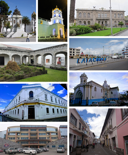 From top, left to right: Central Park Vicente León, Saint Joseph Cathedral, City hall of Latacunga, the House of the Marquises, Chile Square, Vicente León High School, Our Lady of Mercy Church, Cotopaxi Technical University and Salcedo Street.