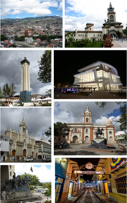 From top, left to right: Panoramic view of the city, City Gate, Loja Independence Monument, Benjamín Carrión National Theater, Cathedral of the Shrine, Saint Francis Church next to the Alonso de Mercadillo monument, Juan de Salinas monument and Lourdes street.