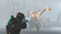 A man in a futuristic suit fights a monster in an open area during a blizzard.